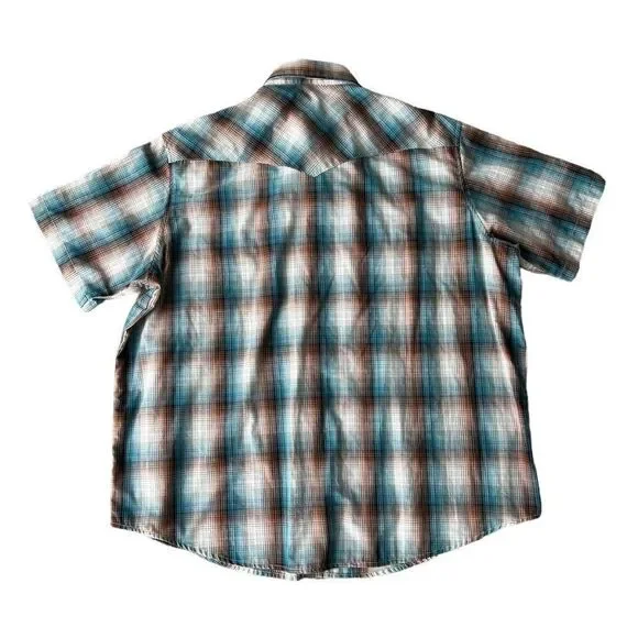 Wrangler Western Short Sleeve‎ Pearl Snap Shirt Cream / Blue / Brown Men's 2XL - Picture 2 of 6